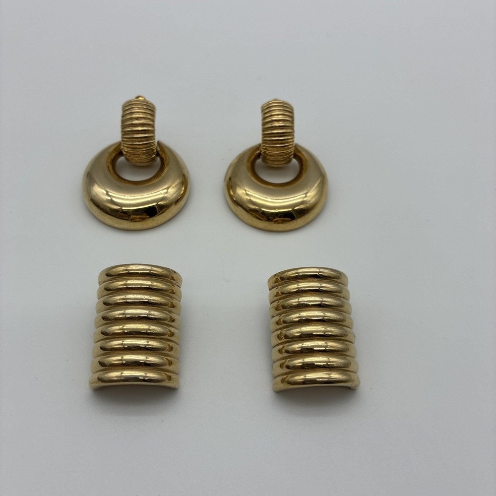 Vintage Givenchy Gold Tone Clip On Earrings Signed Ribbed Door Knocker 2 Pair